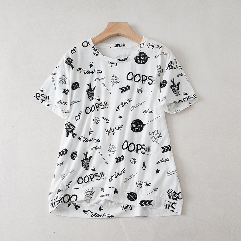 

round Neck Slimming Graffiti Printing New Arrival Women s Pullover T-shirt White S
