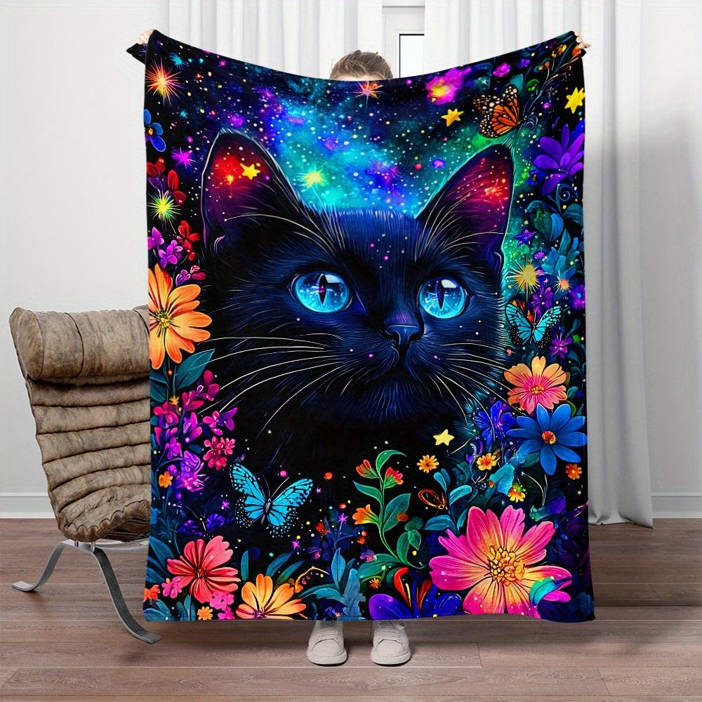 Mystic Black Cat Galaxy Floral Blanket Soft Flannel Throw Pillow Cover Home Decor Art Print Fantasy Animal Bedding Gift for Cat