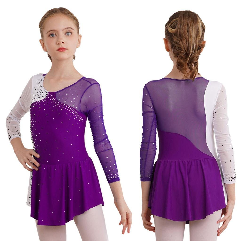 Girls' Ice Skating Leotard Dress Kids Long Sleeve Shiny Rhinestone Ballet Gymnastics Dance Clothes