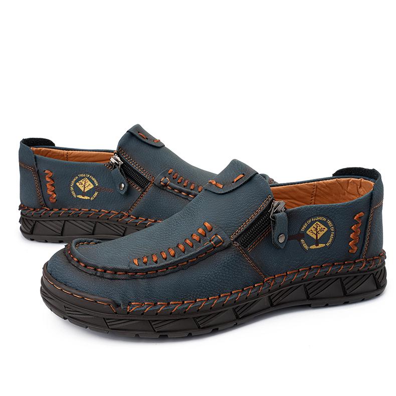 Men's Leather Boots Zipper Low Top Casual Shoes Outdoor Driving Handmade Shoes 39-48