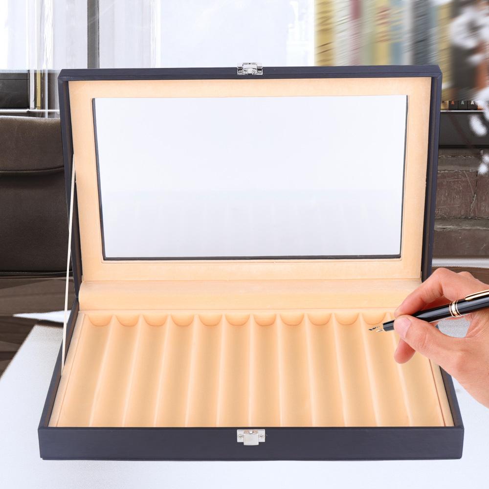 12 Slots Fountain Pen Storage Box, Wooden Pen Display Organizer with PU Leather Cover, Collector Case  for Writing Enthusiasts