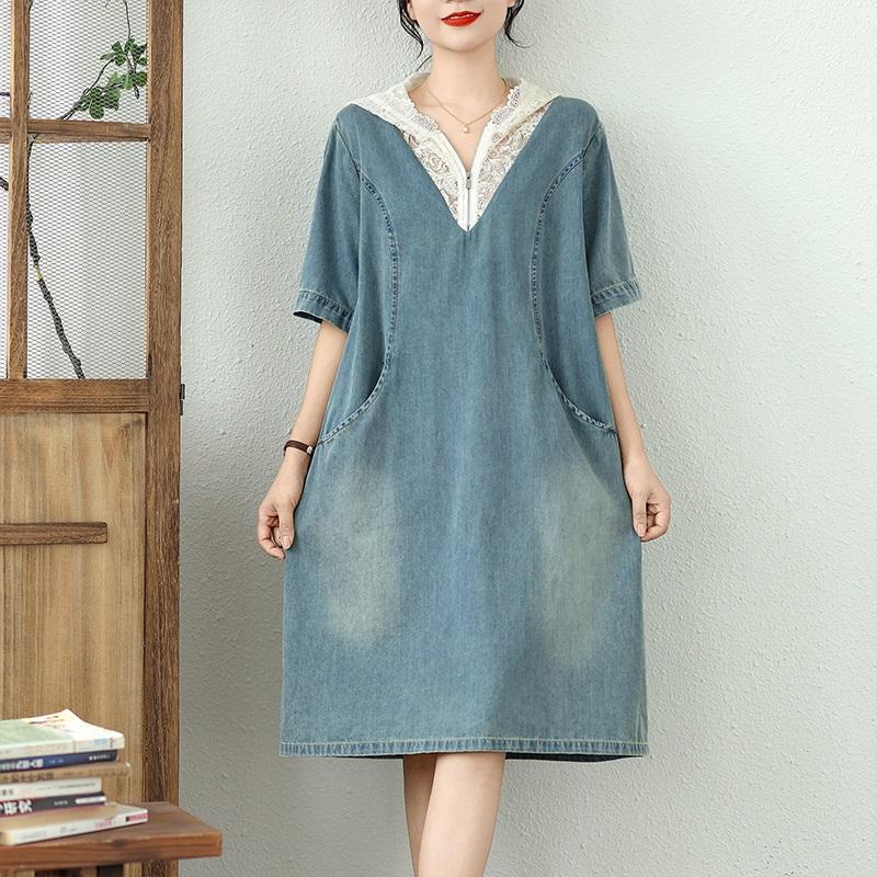 Rochie midi de vară casual largă cu mânecă scurtă, mărime plus, denim dantelă vintage, nou în rochii pentru femei