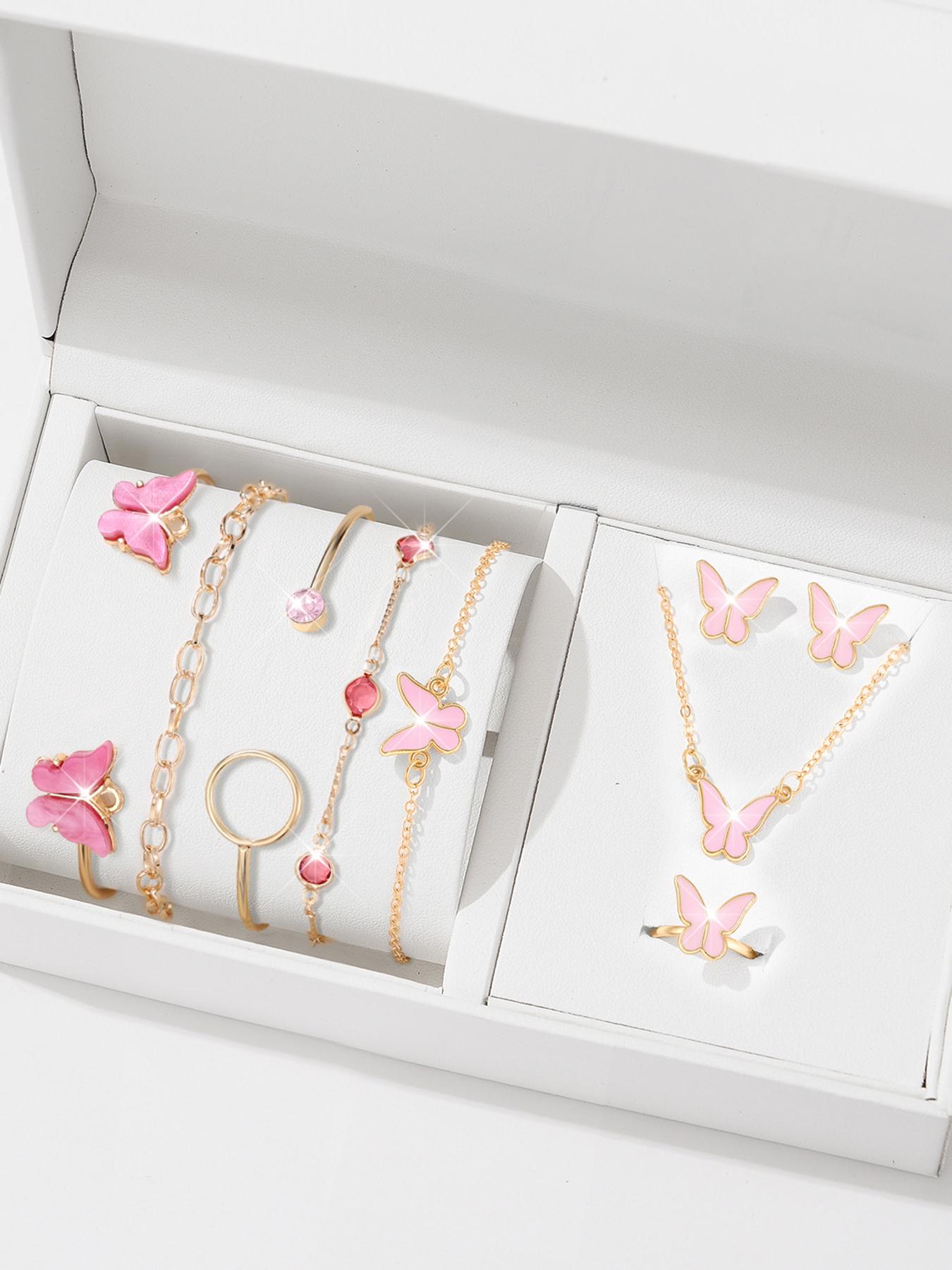 

Набор из 9 предметов с цирконами для женщин, Роскошная женская модная повседневная бижутерия с бабочками, Браслеты, Ожерелье, Серьги, Кольцо с цирконами, Подходит для D