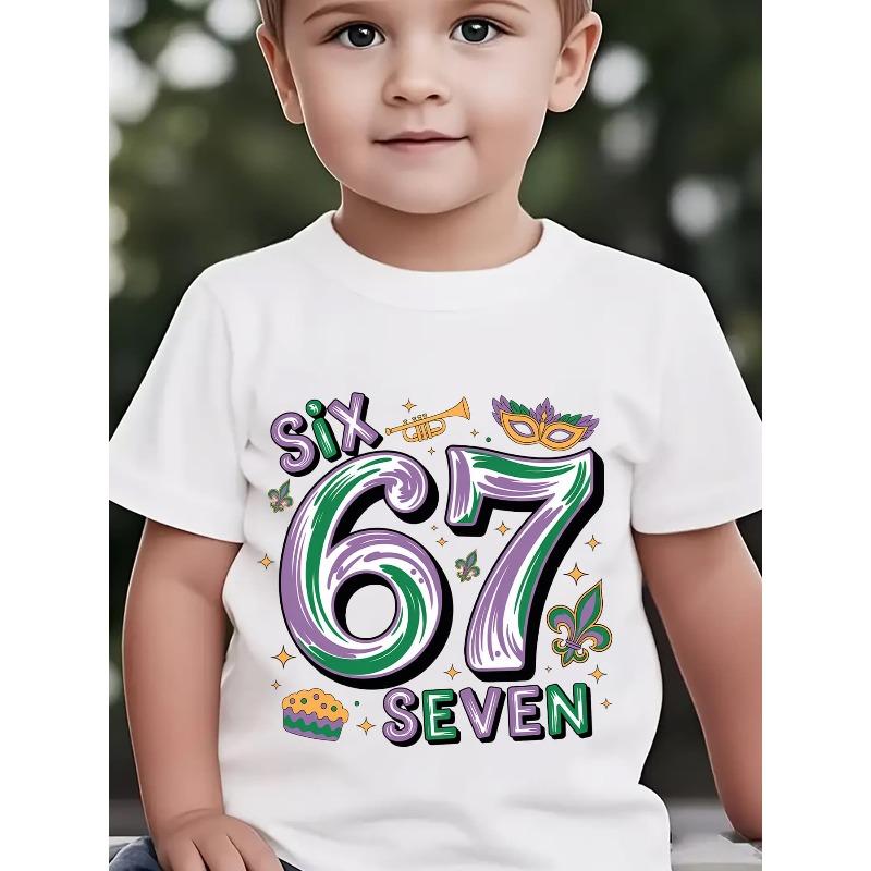 European sizes Mardi Gras Summer Boys' Fashion Short-Sleeve T-Shirt with 'SIX SEVEN' Number Six And Seven, Featuring Small Mask Elements