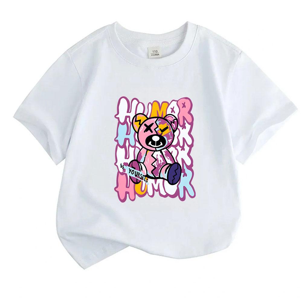 Kids Boys Girls 100% Cotton Crew Neck Short Sleeve T-Shirt, Funny Broken Bear Print 'Be Yourself' Humor Graphic Casual Soft Summer Tee for Children Da