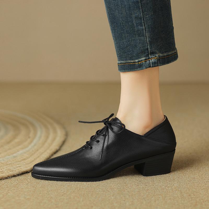 Mode 2025 Nya Klassiska Dam Pumps Vår Höst Kontor Damer Casual Hög Klack Bekväma Äkta Läder Snörskor Svarta Skor Kvinna