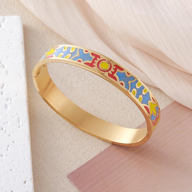 European and American Bestseller: 18K Gold Plated Titanium Steel Enamel Bracelet - Women’s Colorful Drip Oil Light Luxury Jewelry.