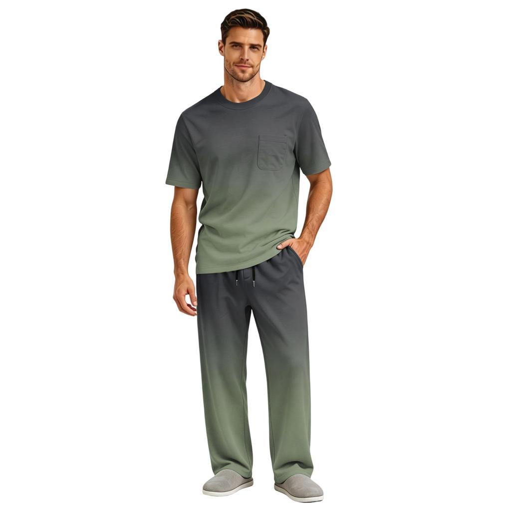 Men's Short Sleeve Pajama Set with Button Fly and Elastic Drawstring Waist