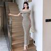 Korean Chic One-Shoulder Striped Knit Dress - Slimming, Flattering, Mature Style Women's Clothing