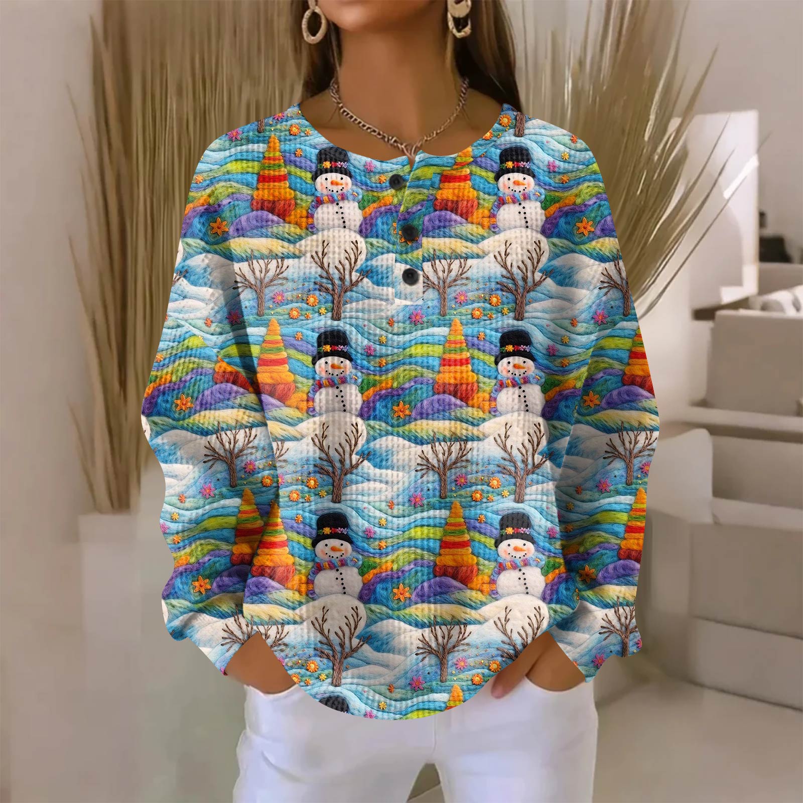 

Женская модная повседневная блузка с принтом на рождественскую тематику, V-образным вырезом, длинными рукавами и застежкой на пуговицы XL