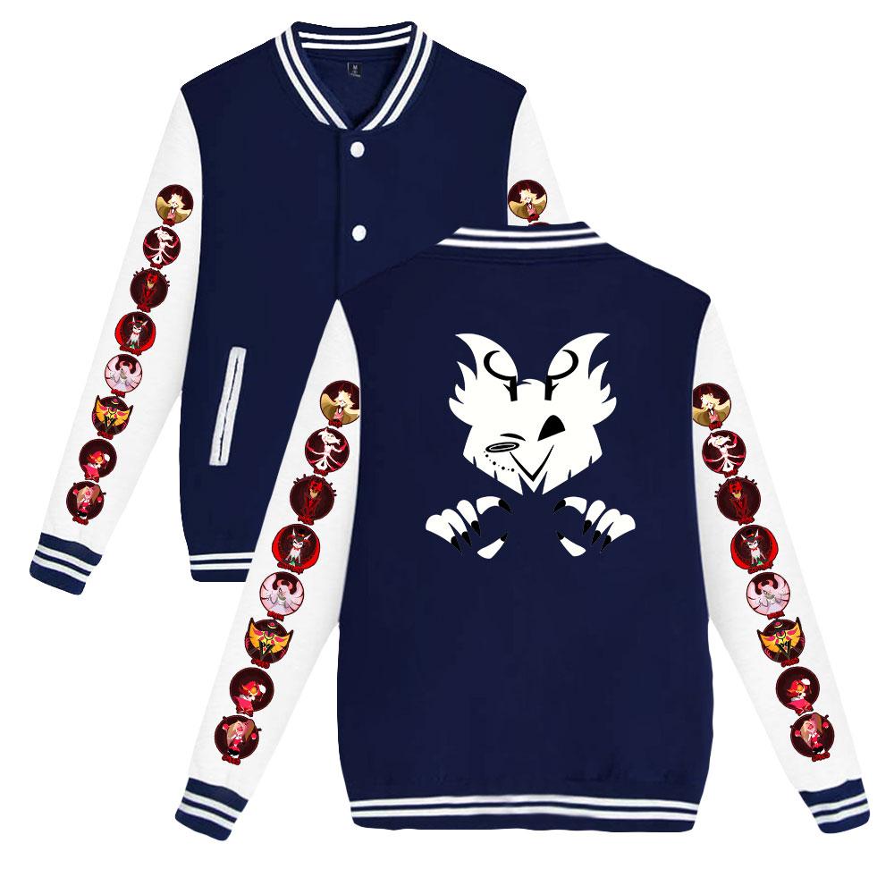 NOVINKA Unisex Fashion Hazbin Hotel Anime Baseballová mikina s potiskem Ženy Muži Outdoorové sportovní bundy
