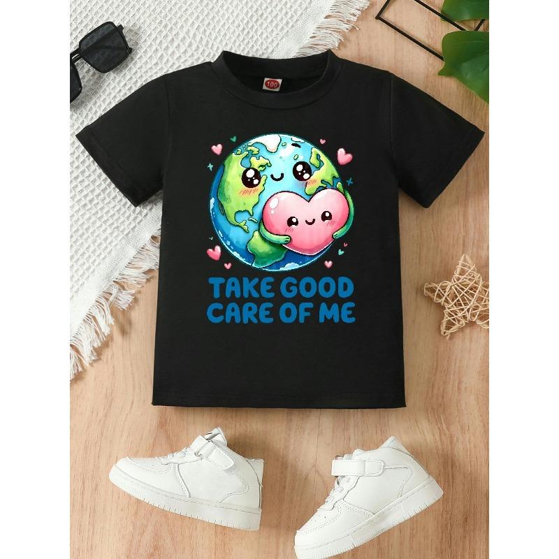 

European sizes Take Good Care of Me Earth Day Cartoon Print. Short-sleeve Round-neck Girls T-shirt, Available in Black and White 98cm чёрный