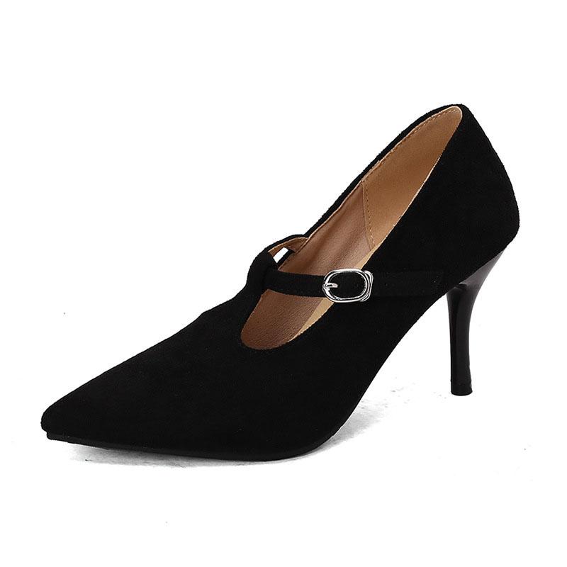 Faux Suede Pumps Women High Heel Shoes 8.5 cm Female T-belt Custom PU Leather Sexy Pointed Toe Thin Heels Working Shoes WSH5253