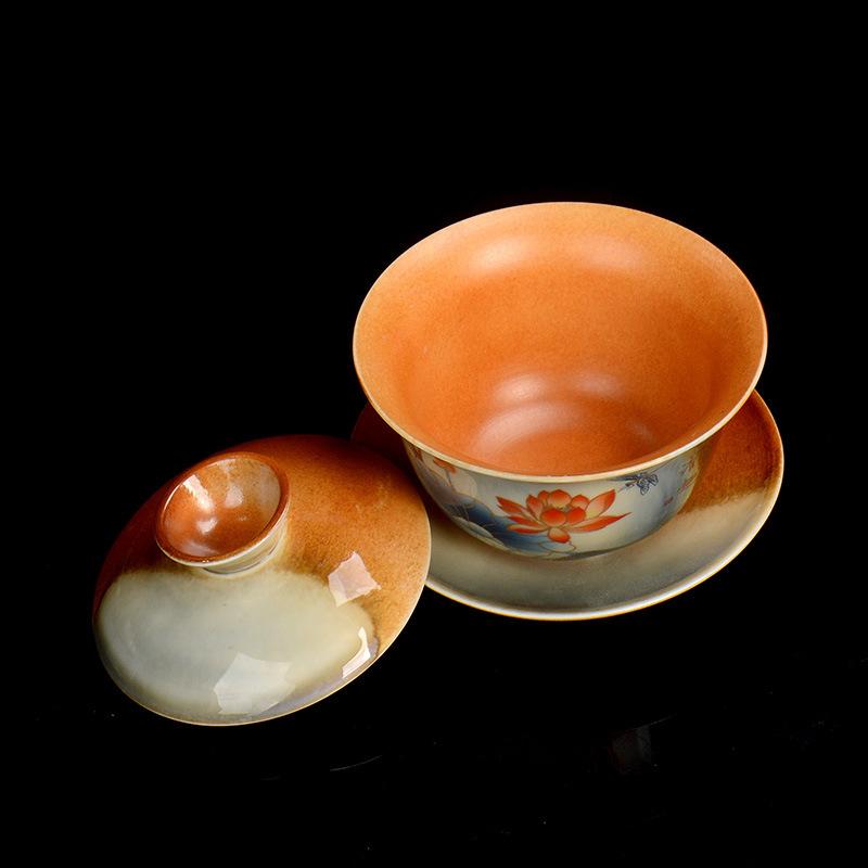 Hand Painted Lotus Gaiwan Ceramic Porcelain Tea Tureen Bowl Rotatable Lid Saucer Vintage Teacups Tea Ceremony Teaware Drinkware
