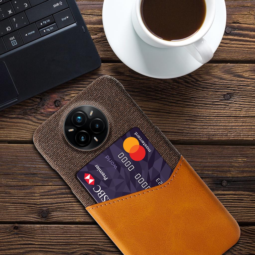 For Realme 14 Pro+ 5G Case PU Leather Cloth Texture Hard PC Phone Cover with Card Holder