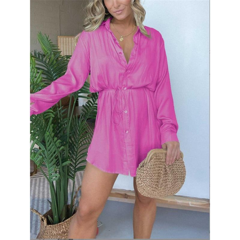 European And American New Products Ladies Solid Color Long-sleeved Shirt One-piece V-neck Button Shirt Pants Large Size Loose Casual