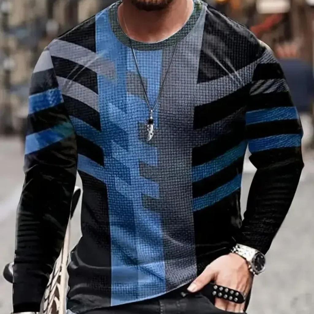2024 Vintage Men's T-Shirt Color Block Long Sleeve 3D Clothing Print Harajuku Oversized Tops Men's Outdoor Jogging T-Shirt Tops