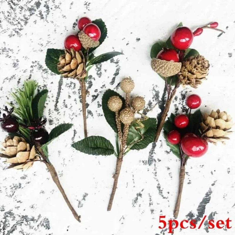 

5pcs/set Christmas Red Berry Pine Cone Branches Artificial Flowers for Holiday Decoration Greeting Card Dining Table Accessories LS 5pcs