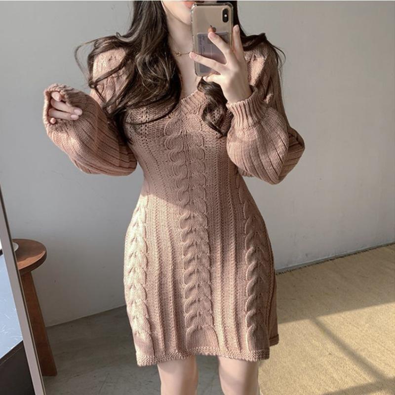 

Fashion Elegant V-neck Long Sleeved Knitted Sweater Dress Korean Style Autumn Slim Fit Lace-up Long Sweater Solid Color Office Lady Dresses One Size рожевий