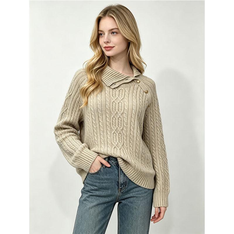 Women S Loose Fit Cable Knit Pullover Sweater With Turn Down Collar