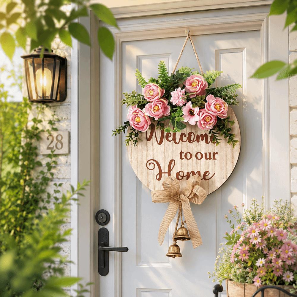 Flower Welcome Sign 2D Flat Wall Art Ornaments Door Wreath Home Decor