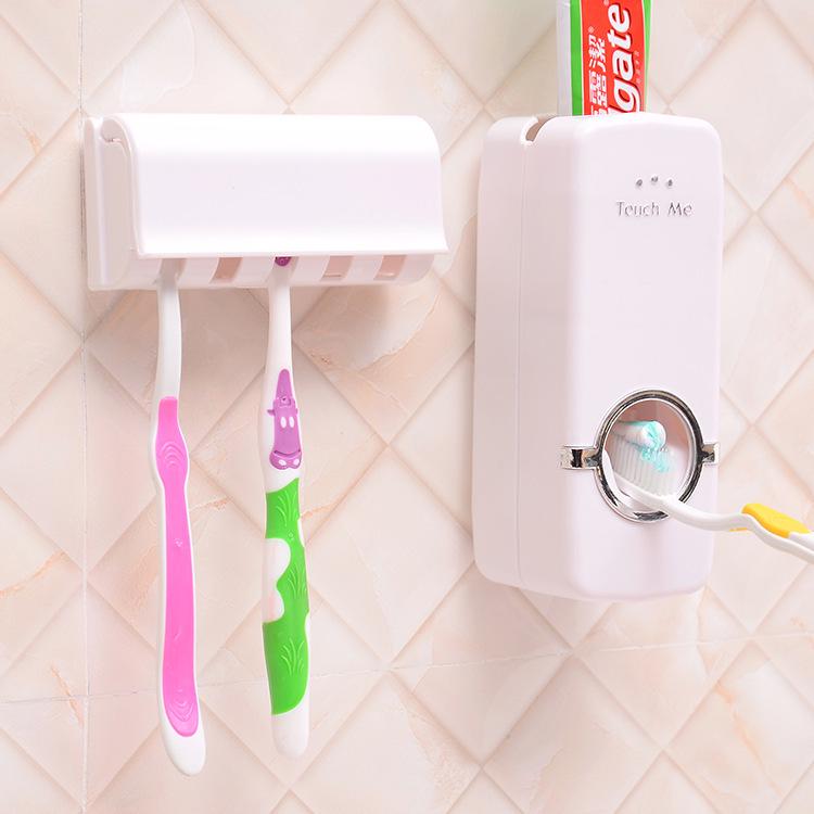 Korean Automatic Toothpaste Dispenser Set with Five-Slot Toothbrush Holder and Touch-Activated Squeezer - English Packaging