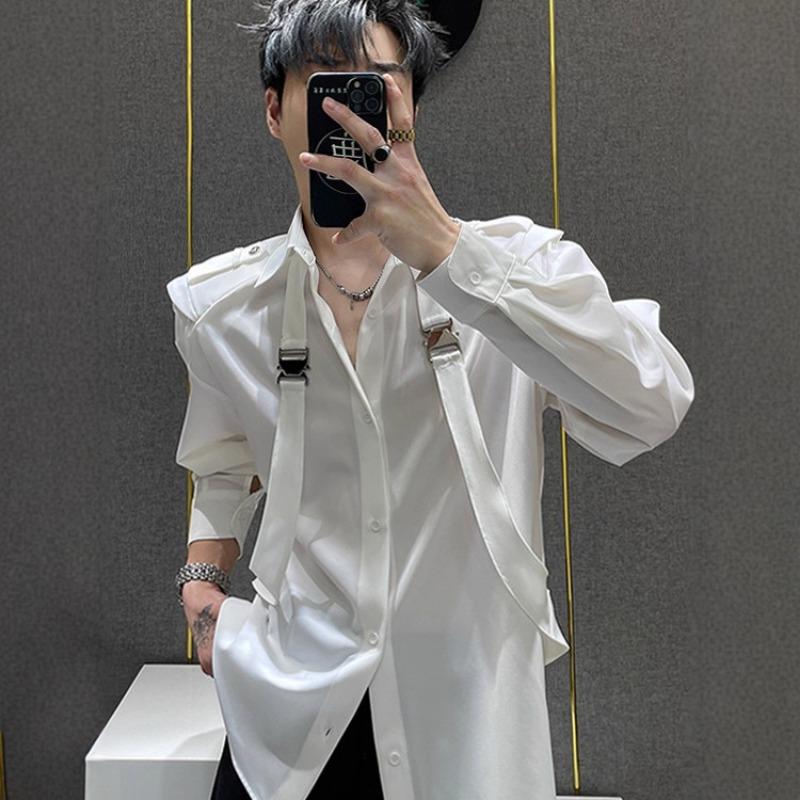 

Men s Satin Harness Detail Epaulet Long Sleeve Button Down Shirt Casual Streetwear Top XL білий