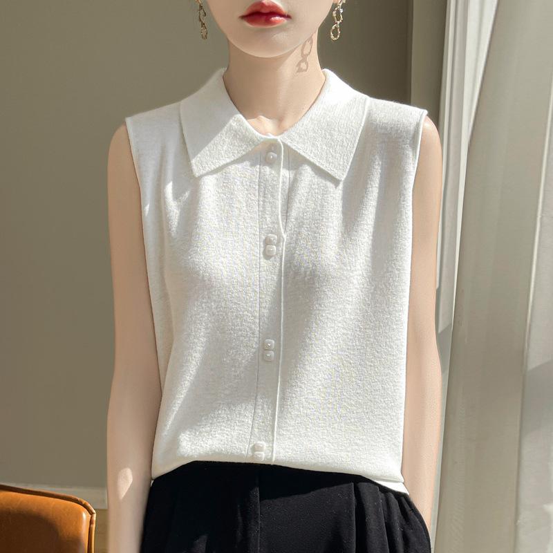 Exquisite and Fashionable Shirt Collar Knitted Vest for Women Stacked In Slim-fitting Sleeveless Suit with Bottom Vest