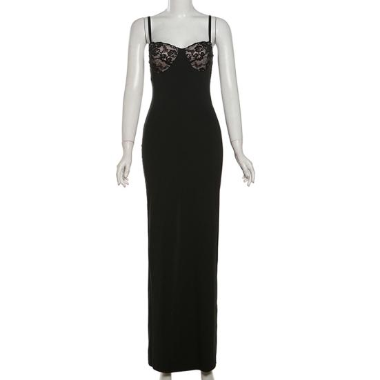 Dames Cami Kant Bodycon Maxi Jurk Spaghettibandjes Mouwloos Split Lange Jurk Sexy Laag Uitgesneden Avondjurk voor Cocktailparty Nachtclubs