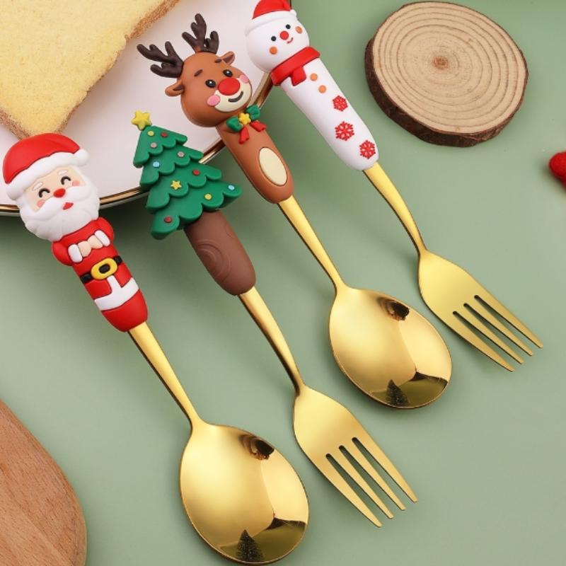 4Pcs Christmas Gift Glod Silver Spoon Fork Set Elk Christmas Tree Decoration Dessert Scoop Fruit Fork Coffee Spoon Cutlery Set