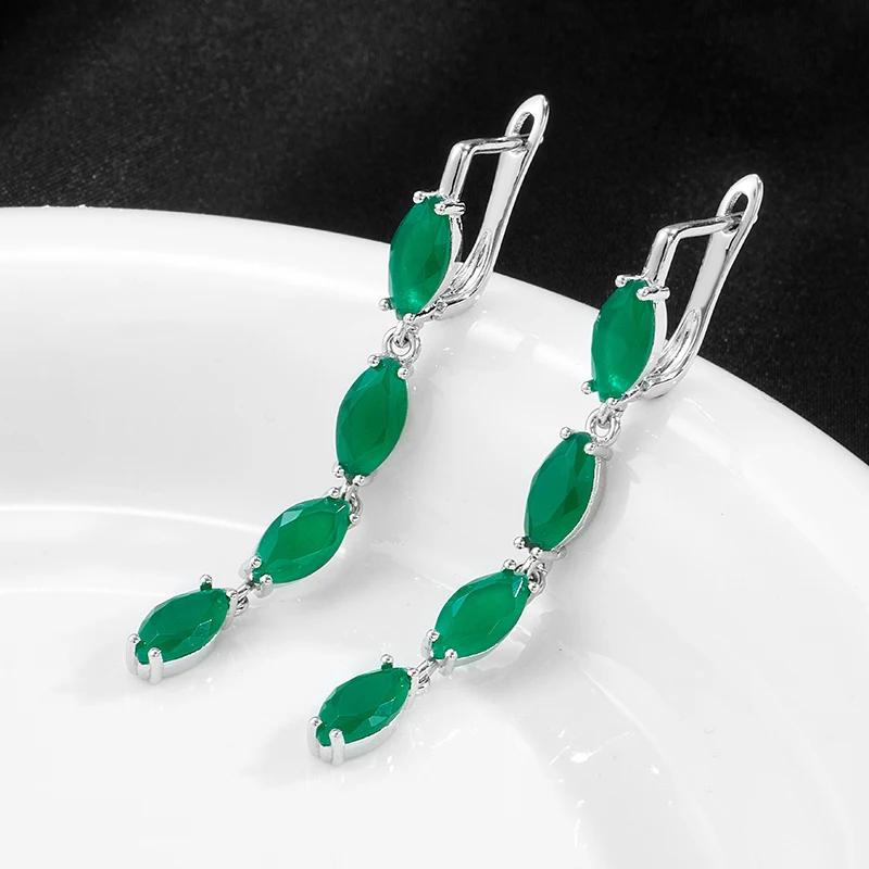 Gładkie srebrne kolczyki w kolorze szmaragdowo-zielonym z cyrkonią i frędzlami dla kobiet biżuteria ślubna w stylu vintage