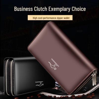 Men's Long Clutch Wallet with Multi-Card Slots, Phone Pocket, and Zippered Business Card Holder.