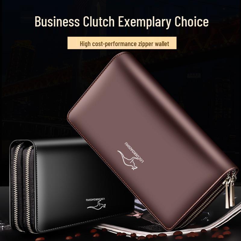 Men's Long Clutch Wallet with Multi-Card Slots, Phone Pocket, and Zippered Business Card Holder.