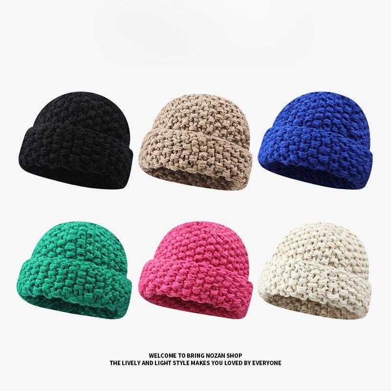 Thick Knitted Pineapple Pattern Beanie Autumn and Winter Solid Color Warm and Versatile Small Knitted Hat with Big Head Circumference and Face