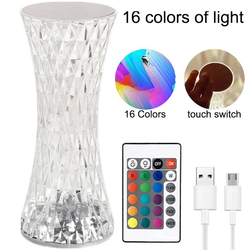 Lampada da tavolo a forma di diamante da 1/2 pezzi, 16 colori, telecomando touch, lampada da tavolo in cristallo, ricaricabile tramite USB, scrivania in acrilico, luce LED per atmosfera