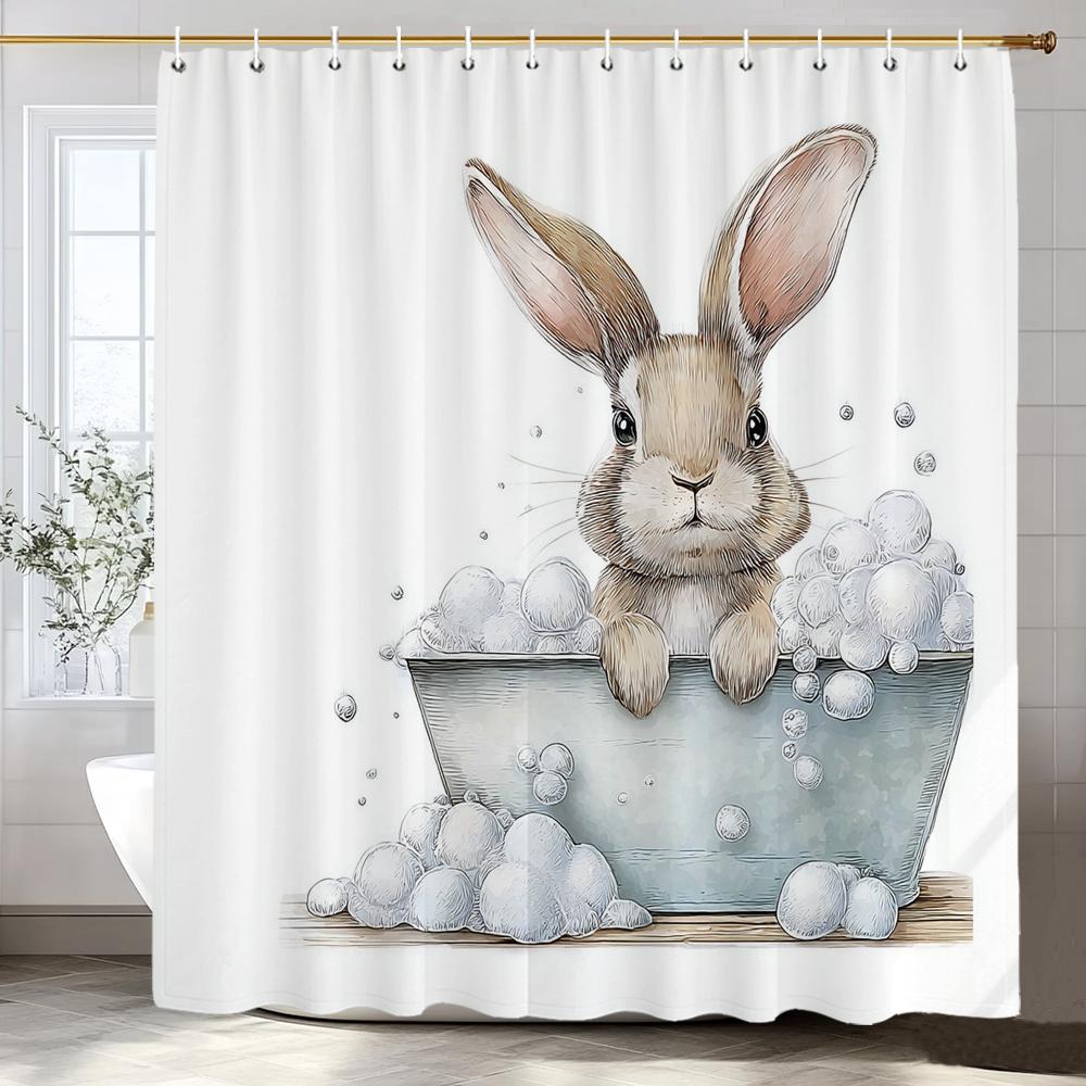1pc Cartoon Cute Rabbit Bathing in Bathtub Print Waterproof Shower Partition Privacy Hanging Curtain with Hooks Machine Washable