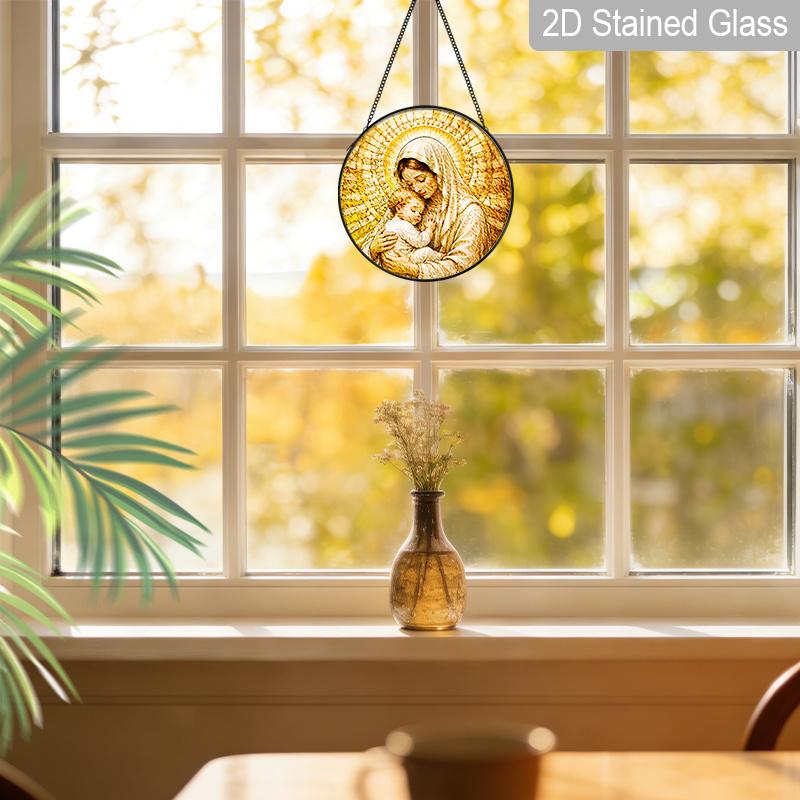 2D Flat Stained Glass Suncatcher, 6.3/7.87 Inch Virgin Mary Stained Glass Suncatcher, Our Lady of Lourdes Window Hanging, Wall Hanging Catholic Home