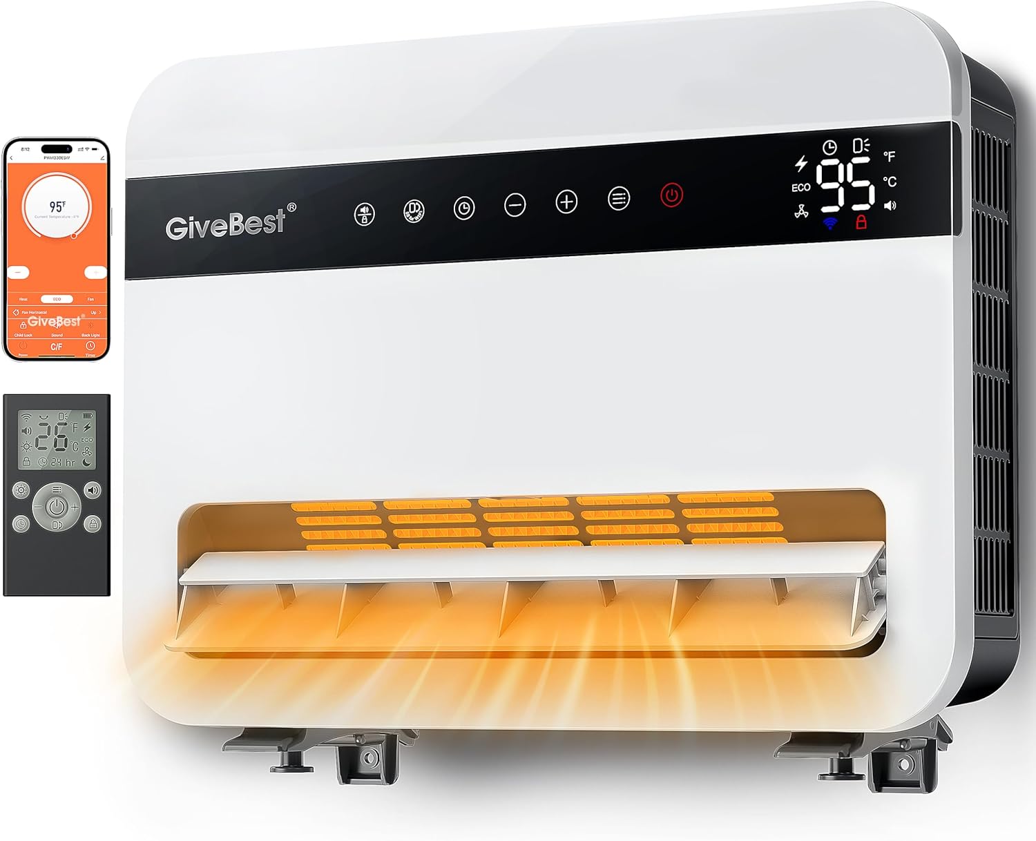 

Givebest 1500W Electric Space Heater, 120° Oscillation, Alexa Compatible, Thermostat & Remote Control білий