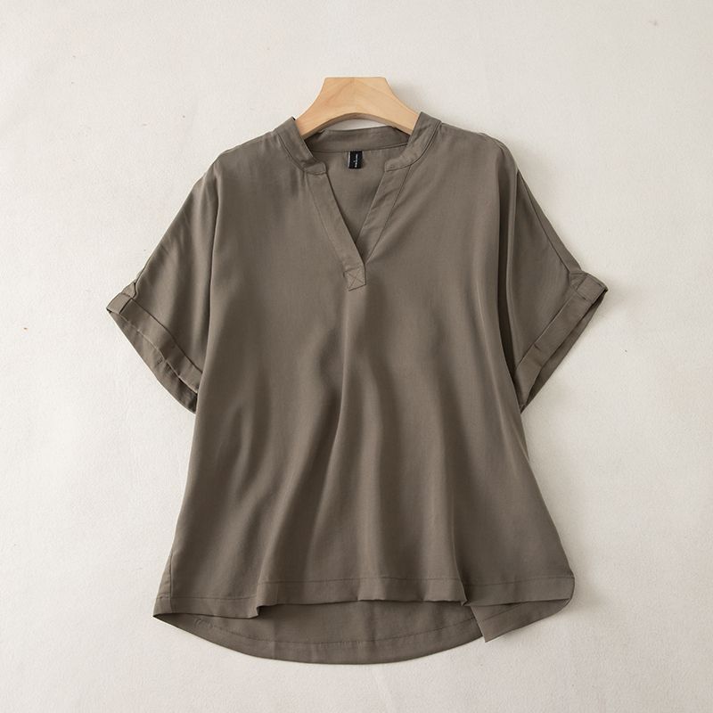 

715 Drop Shoulder Loose Summer V Neck Short Sleeve Pure Color Shirt Sky Cool Plaid Army Green XS