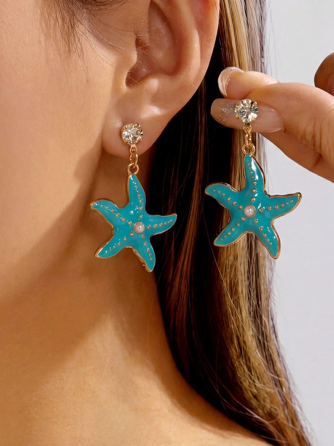 

Ocean Series Enamel Rhinestone Starfish Drop Earrings for Women Vintage Metal Conch Starfish Earring Summer Beach Party Jewelry