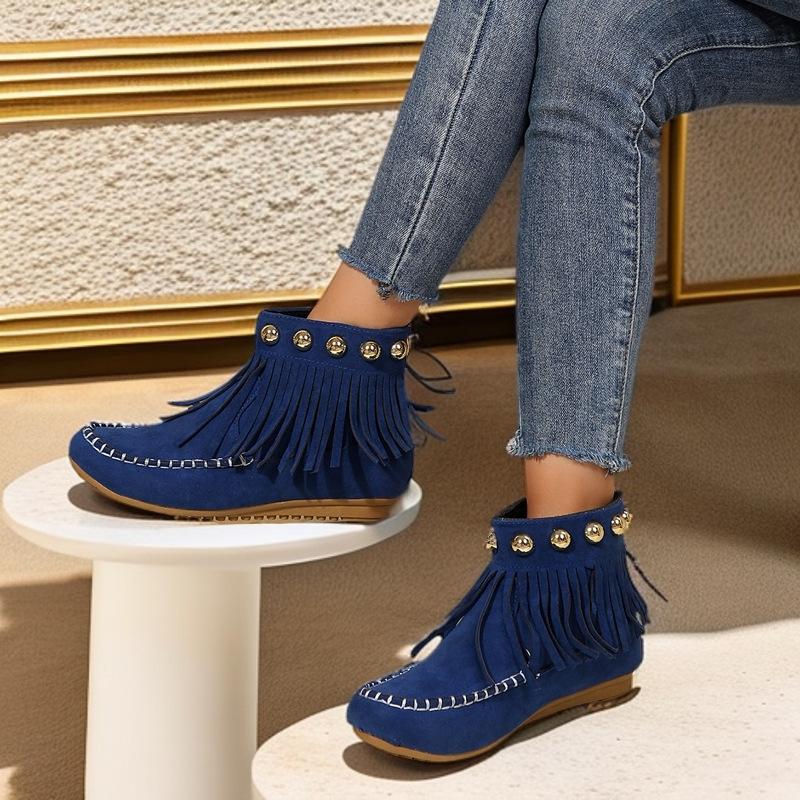 Autumn and Winter Versatile Rivet Flat Bottom Short Tube Tassel Women's Boots Suede Flat Bottom Women's Boots Plus Size 35-42