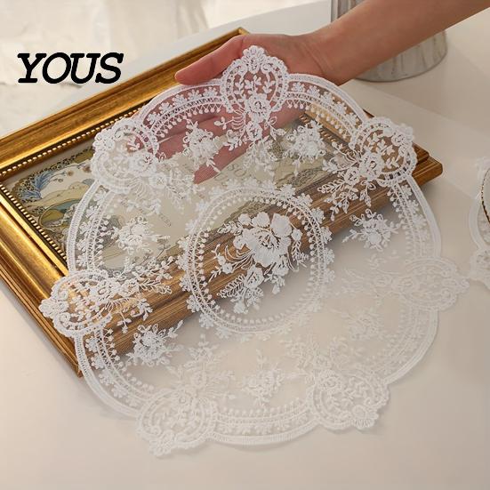Washable Polyester Lace Mat Retro Round Doily, Embroidered Floral Coaster, 13 Inch Doily for Table Decor Sheer Placemat Wedding, Tea Party