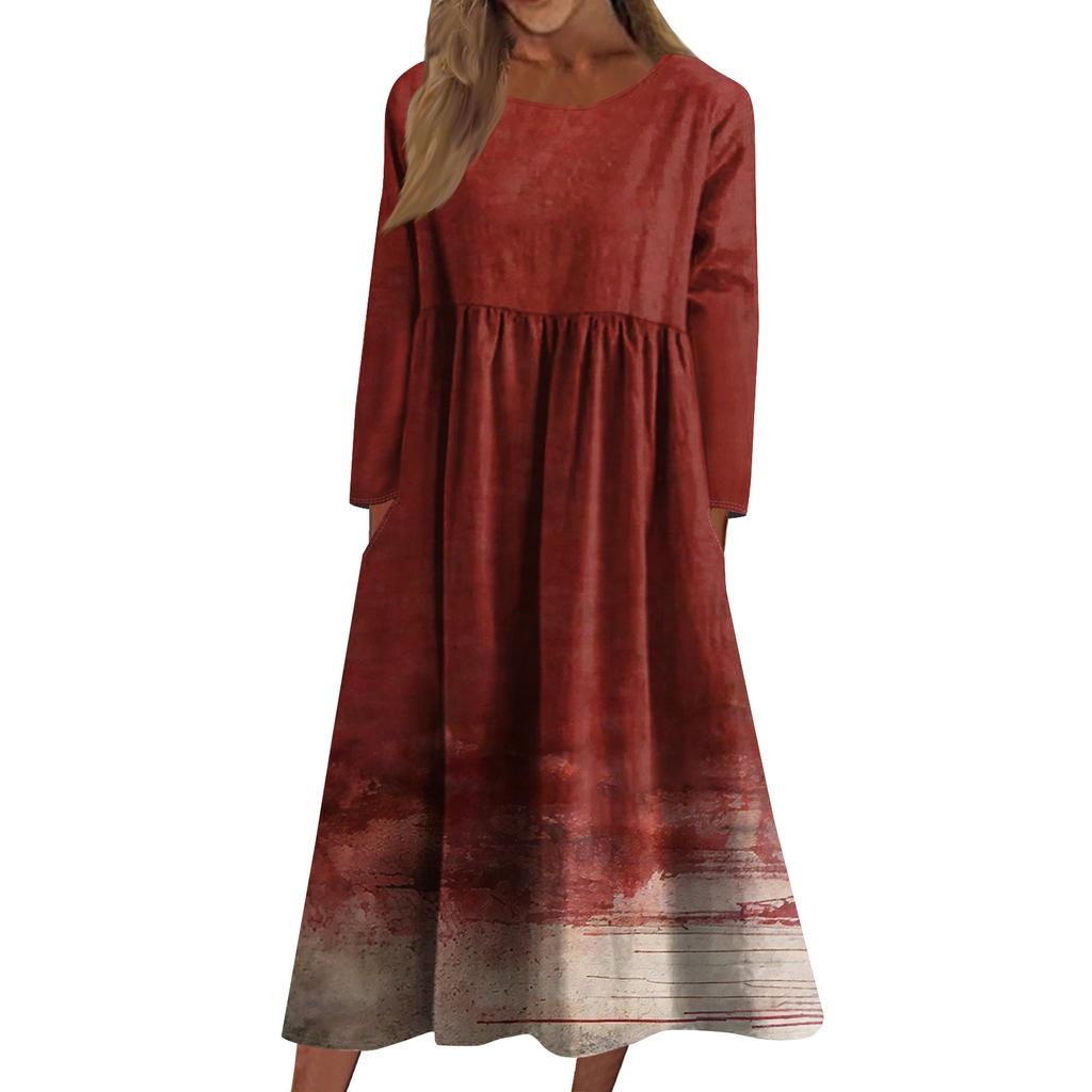 Women's Casual -neck Halloween Print Mid-length Dress Long-sleeved Dress With Pocket
