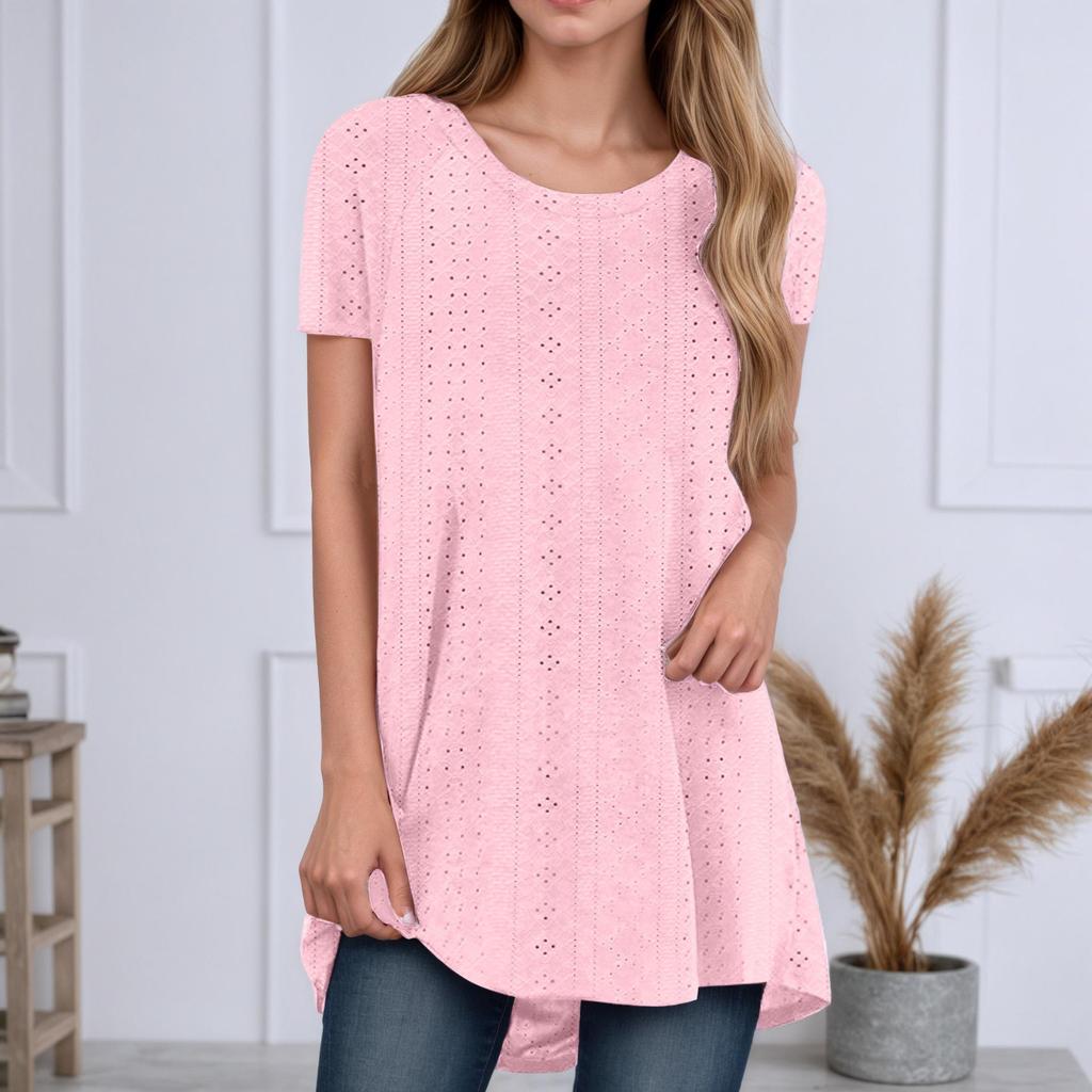 2025 Summer Round Neck Short Sleeve Irregular Hem Loose Cutout T-shirt