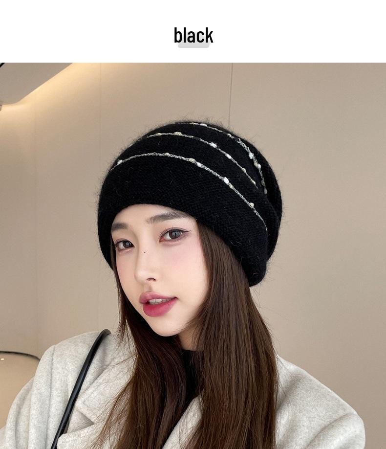 Women's Rabbit Fur Slouchy Hat with Ear Protection - Knitted Jumper Yarn, Plus Velvet, Autumn/Winter Style for Outdoor Warmth
