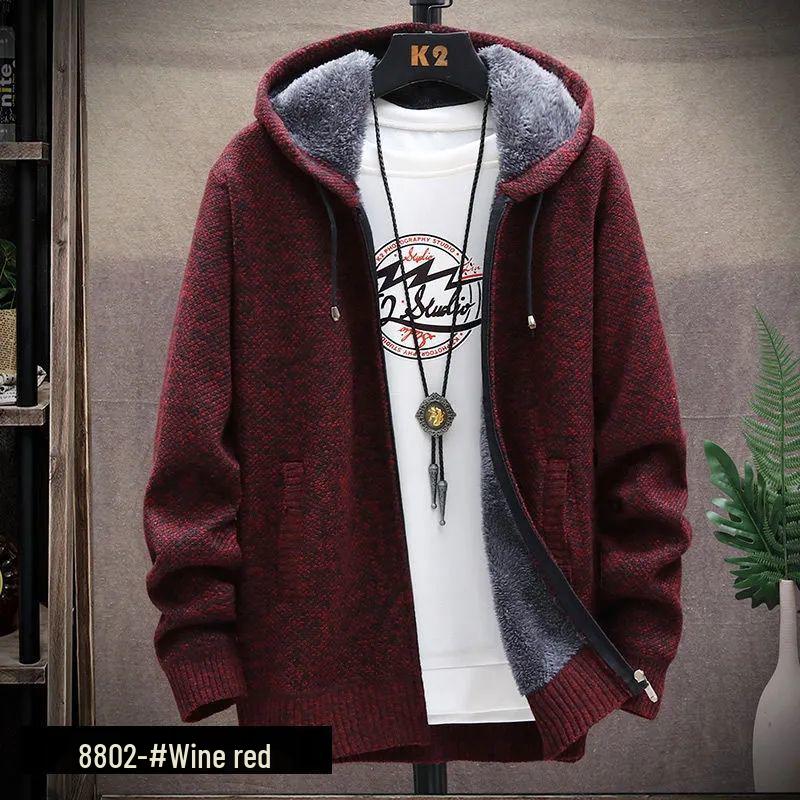 Men's Fleece-Lined Hooded Jacket: Autumn & Winter Warm Knit Cardigan, Loose Fit, Plus Size Sweater