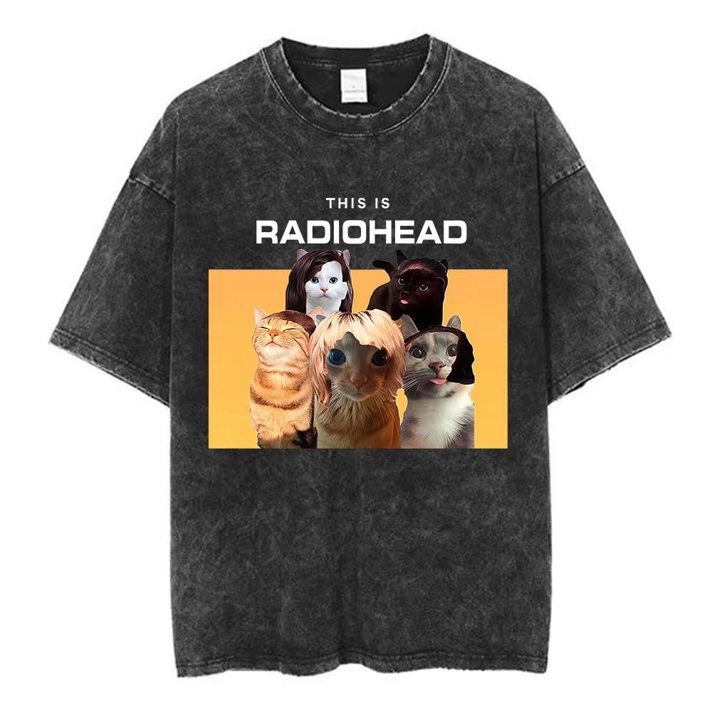 Rock Band Radiohead The Bend Funny Cat Vintage Washed Tshirts Men Women Fashion Hip Hop T Shirts Cotton Male Tshirt Streetwear