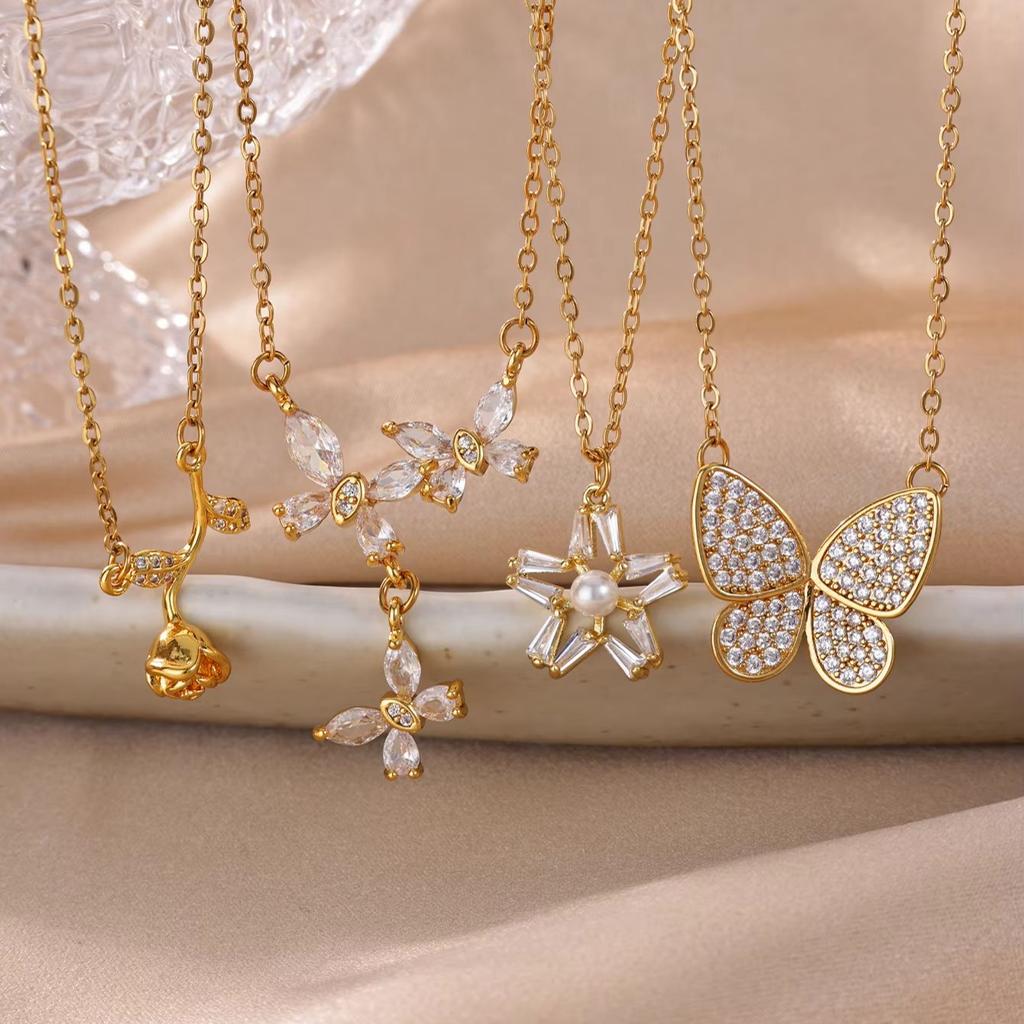 Elegant Three Y-shaped Butterfly Necklaces for Women 18K Gold-plated Stainless Steel Necklace Wedding Jewelry Party Accessories