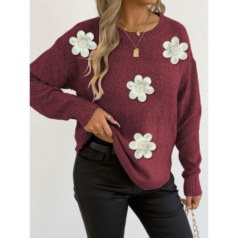 Women S Knit Sweater Embroidered Beaded Floral Patch Crew Neck Pullover