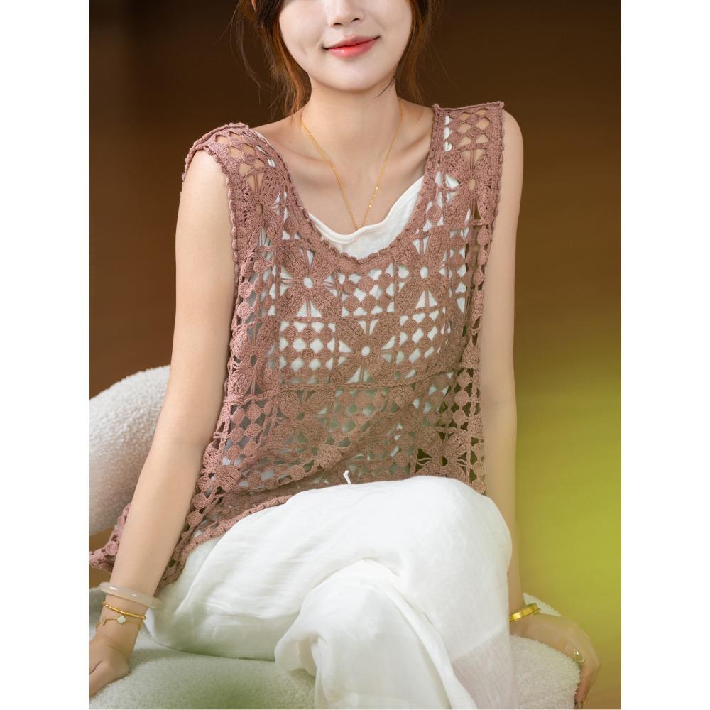 DIMANAF 2026 T-Shirt Women Knitting Lace Vest O-Neck Hollow Summer Style Basic Tops Tees Loose Clothing
